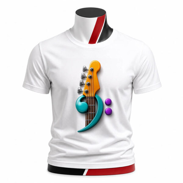 Tricou personalizat cu chitară bass și simbol muzical imprimat prin sublimare premium pe material confortabil cu imprimeu rezistent ideal pentru basiști și iubitorii de muzică