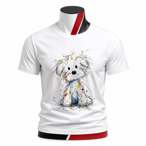 Tricou personalizat unisex Cățeluș artistic cu ilustrație abstractă și accente colorate. Design modern, imprimare premium și cadou perfect pentru iubitorii de câini