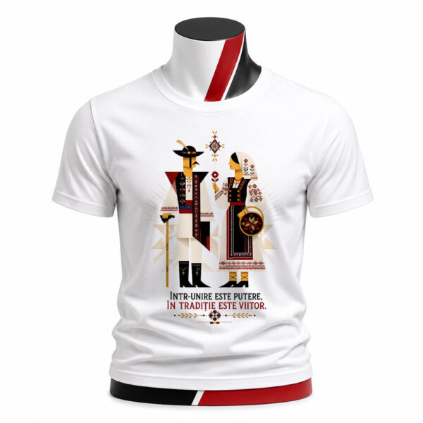 Tricou personalizat unisex În tradiție este viitor cu ilustrație inspirată din portul popular românesc. Design elegant pentru iubitorii tradițiilor și României