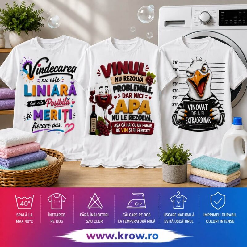 Îngrijirea tricourilor prin sublimare începe cu spălarea corectă uscarea naturală și călcarea atentă pentru a menține imprimeul viu și rezistent mult timp