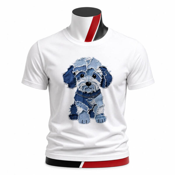 Tricou personalizat unisex Cățeluș denim patchwork cu design artistic inspirat din petice de blugi. Imprimare premium și un cadou original pentru iubitorii de câini
