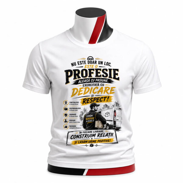 Tricou personalizat unisex Curier cu pasiune, cu design profesional și mesaj inspirațional. Ideal pentru curieri, livratori și firme de transport sau logistică