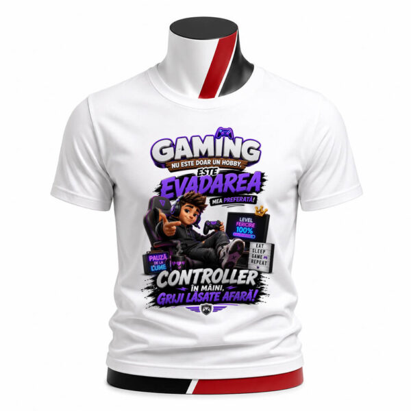 Tricou personalizat unisex Gaming, evadarea mea preferată cu design modern și mesaj amuzant. Cadoul ideal pentru gameri pasionați și iubitorii jocurilor video