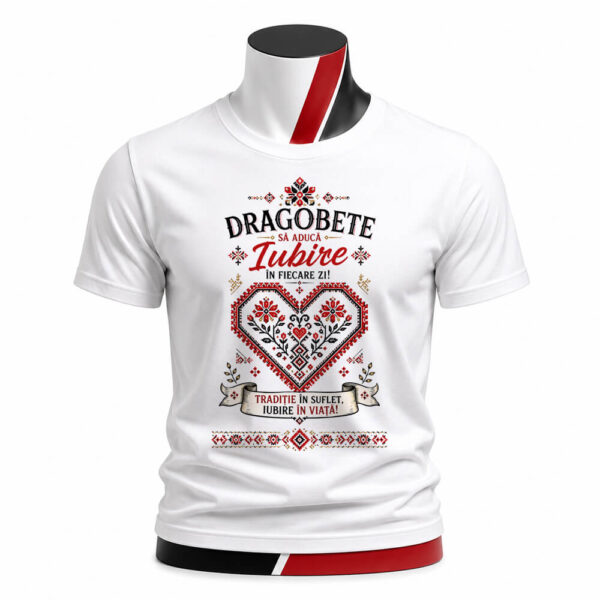 Tricou personalizat unisex Iubire în fiecare zi cu inimă tradițională românească și motive populare. Cadoul perfect pentru Dragobete