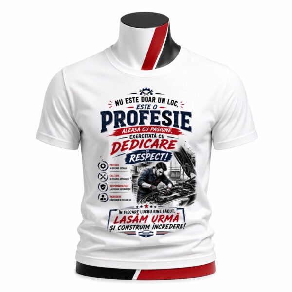 Tricou personalizat unisex Mecanic cu pasiune, cu design profesional și mesaj inspirațional. Ideal pentru mecanici auto, service uri și pasionații de automobile
