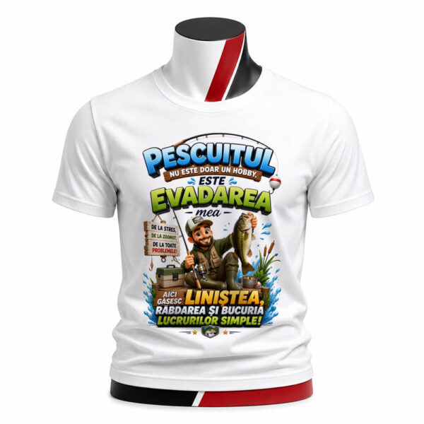 Tricou personalizat unisex Pescuitul este evadarea mea cu design colorat și mesaj inspirațional. Ideal pentru pescari, relaxare, natură și ieșiri la pescuit