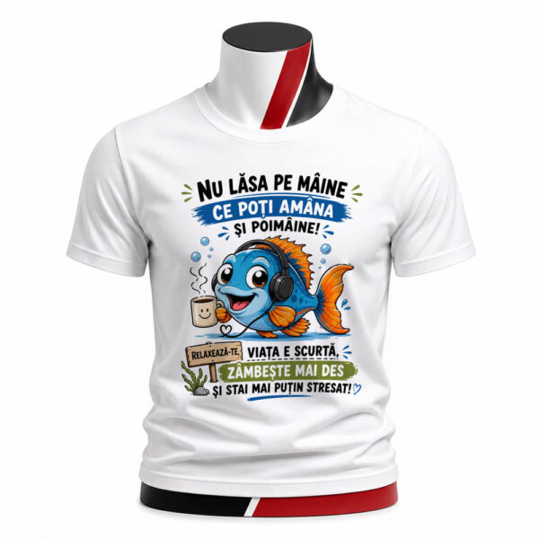 Tricou personalizat unisex Relaxează te cu un design amuzant și un pește simpatic. Un tricou perfect pentru cei care aleg să se bucure de viață și să zâmbească mai des