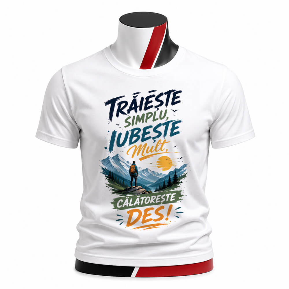Tricou personalizat unisex Trăiește simplu cu design inspirațional și mesaj despre natură, iubire și călătorii. Ideal pentru aventurieri și pasionații de libertate