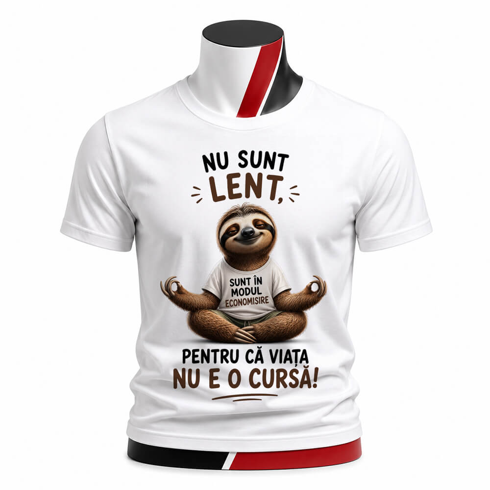 Tricou personalizat unisex Viața nu e o cursă cu un leneș simpatic și mesaj amuzant. Un design original pentru cei care aleg să trăiască relaxat și fără grabă